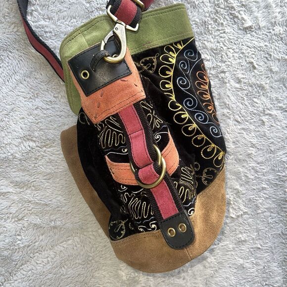 Lucky Brand Vintage Embroidered Flower Boho Bucket Tote Bag Crossbody Cowhide - Picture 4 of 11